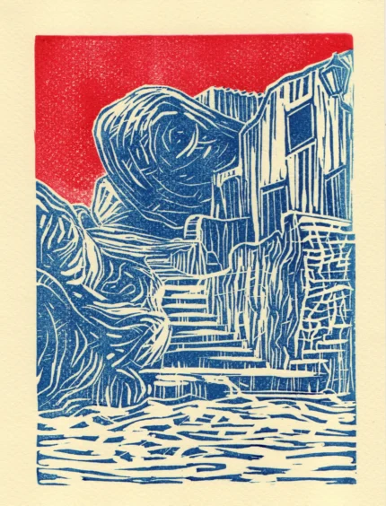 Monsanto gravura ou postal. Feito em linóleo. cor azul. Feito por wait4art, arte feita por nós especialmente para ti! wait4art.pt